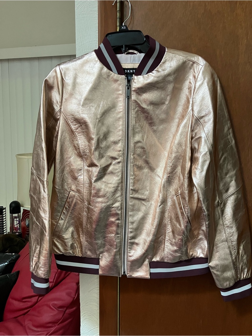 DKNY Metallic Rose Bomber Jacket with Striped Trim